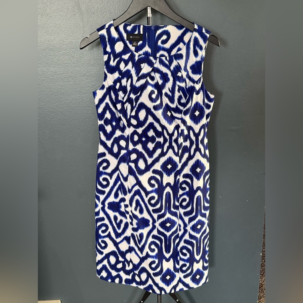 AB Studio Navy and White Geometric Midi Dress